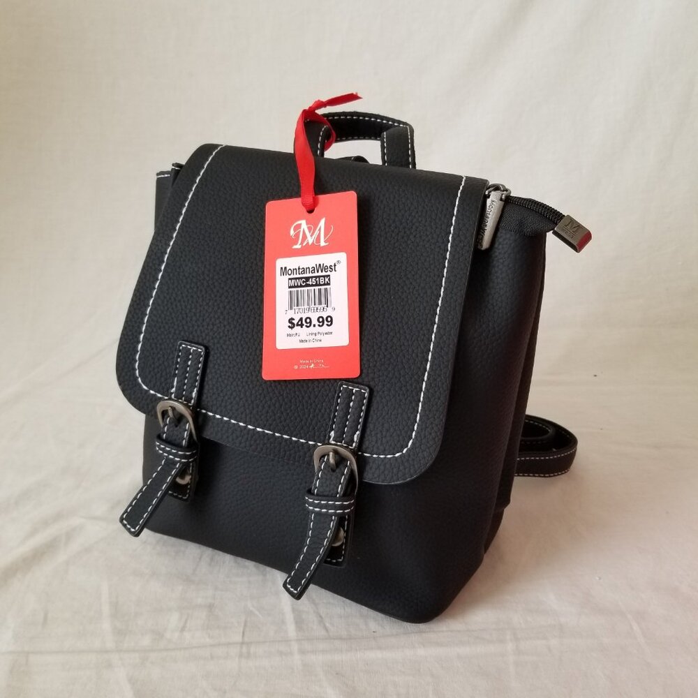 NWT! Montana West Black Faux Leather Mini Backpack Tote Bag w/Adjustable Straps - Picture 3 of 14